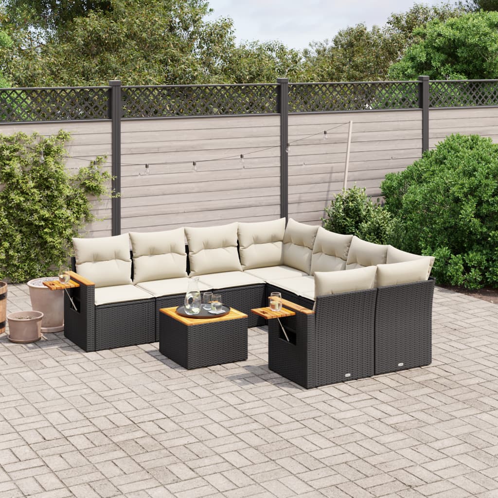 Set Divani da Giardino 9 pz con Cuscini Nero in Polyrattan