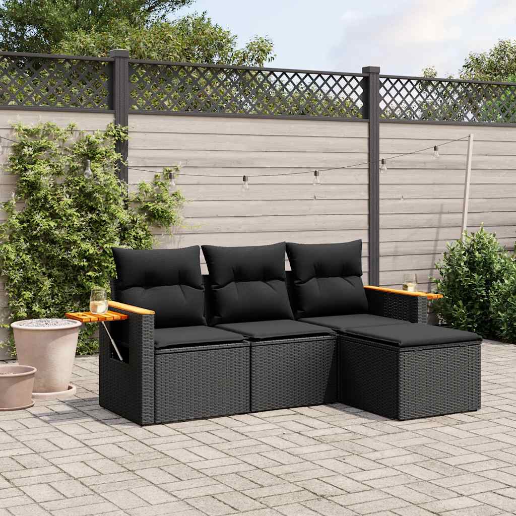 Set Divani da Giardino 4 pz con Cuscini Nero in Polyrattan