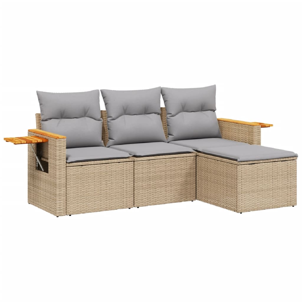 Set Divano da Giardino 4 pz con Cuscini Beige in Polyrattan