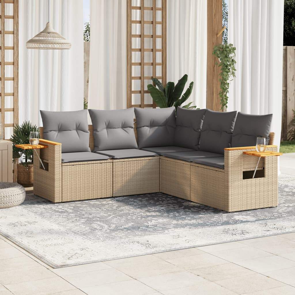 Set Divano da Giardino 5 pz con Cuscini Beige in Polyrattan - homemem39