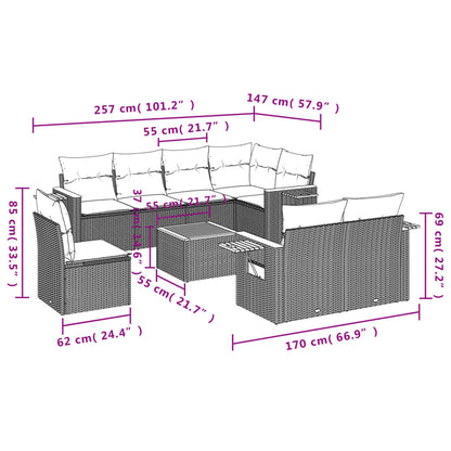 Set Divano da Giardino 9 pz con Cuscini Grigio in Polyrattan