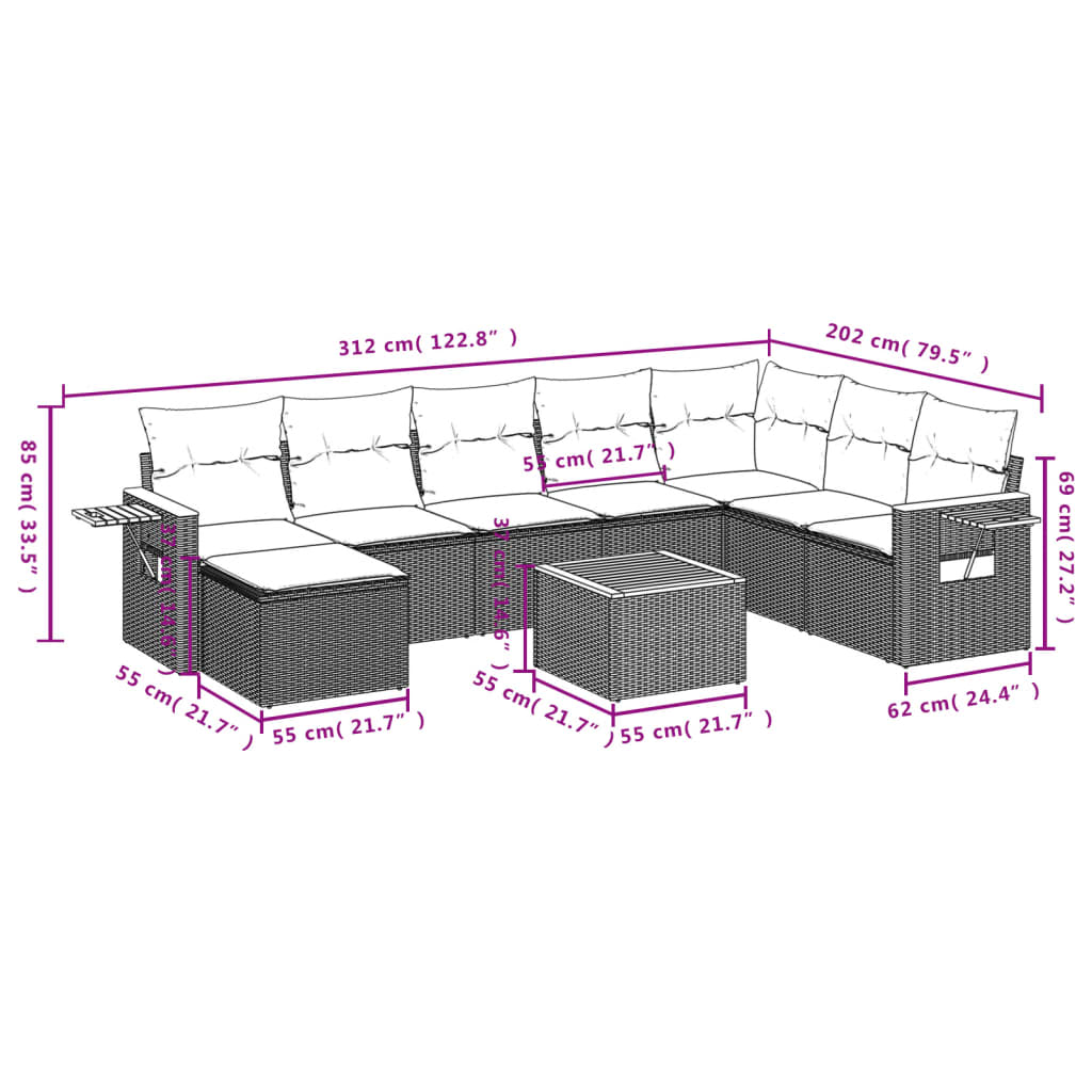 Set Divani da Giardino 9 pz con Cuscini Nero in Polyrattan | homemem39