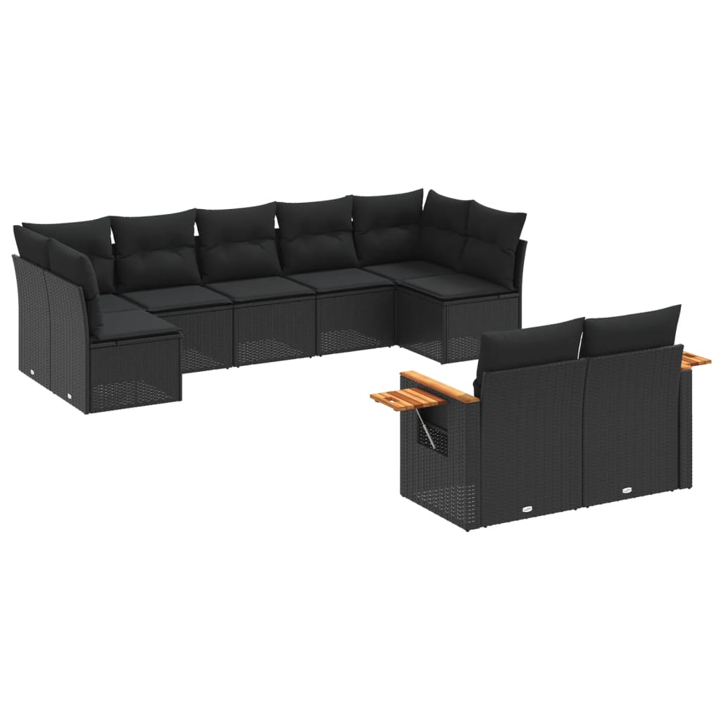 Set Divani da Giardino 9 pz con Cuscini Nero in Polyrattan