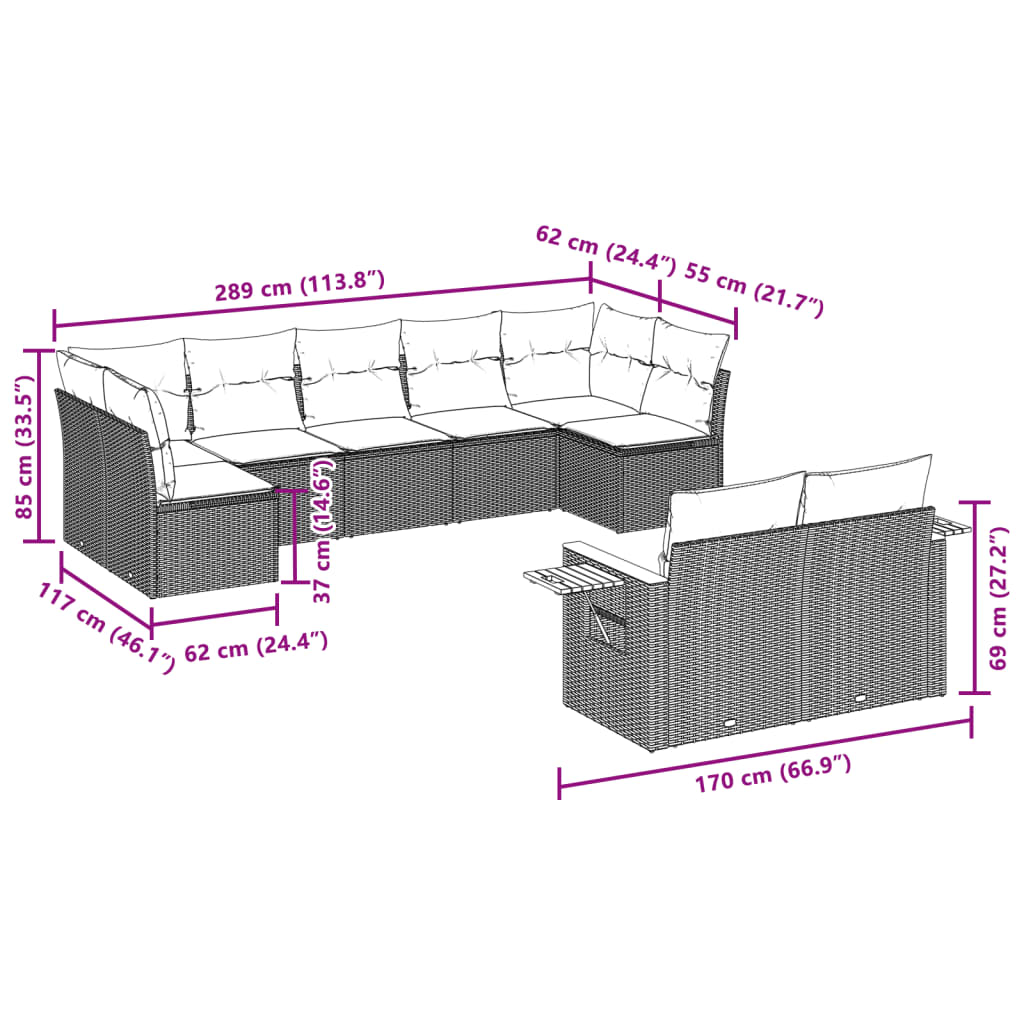 Set Divani da Giardino 9 pz con Cuscini Nero in Polyrattan