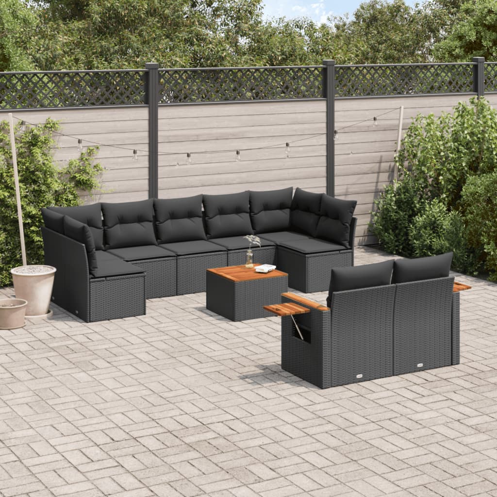 Set Divani da Giardino 10pz con Cuscini in Polyrattan Nero