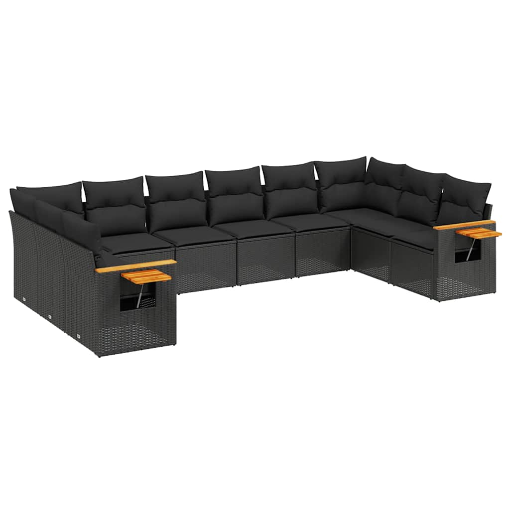 Set Divani da Giardino 10pz con Cuscini in Polyrattan Nero