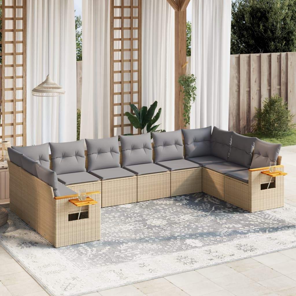 Set Divano da Giardino 10 pz con Cuscini Beige in Polyrattan - homemem39