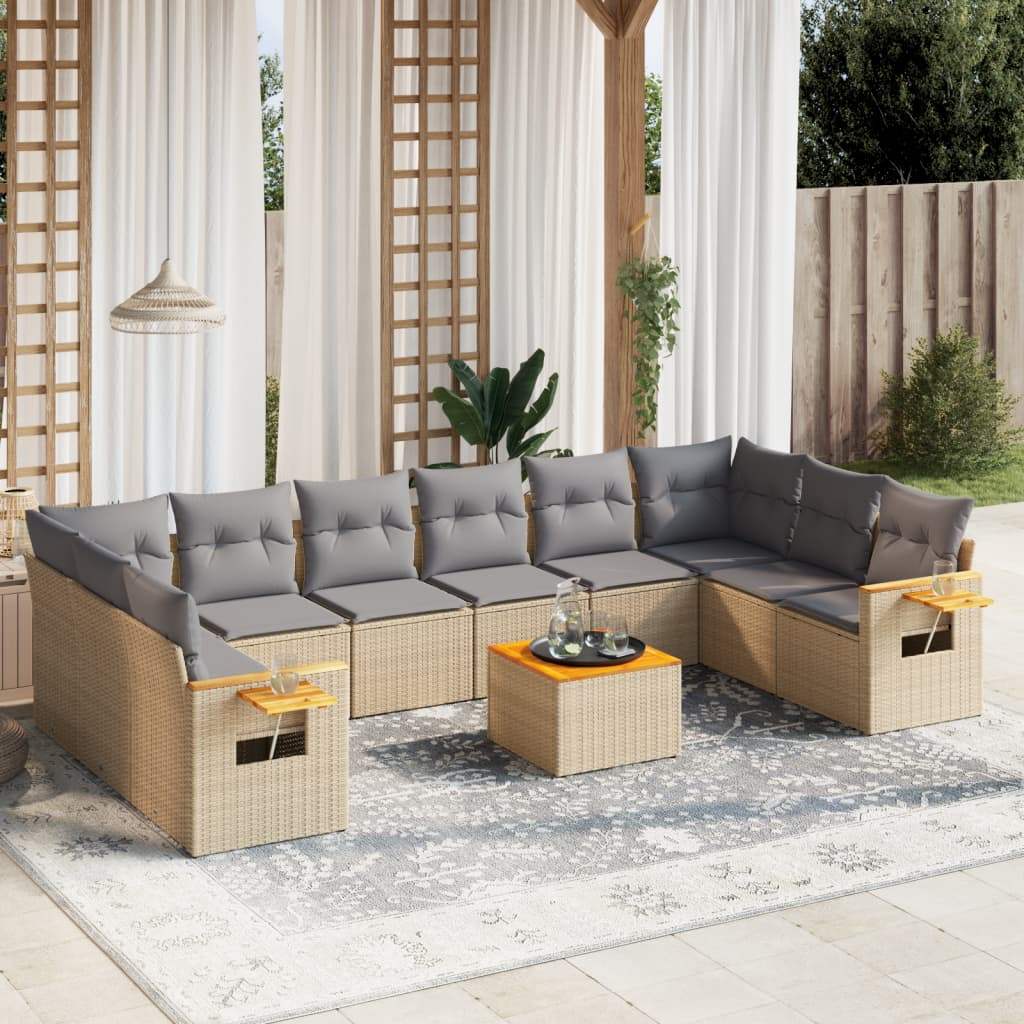 Set Divani da Giardino 11 pz con Cuscini Beige in Polyrattan - homemem39