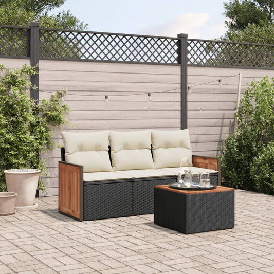 4-piece Garden Sofa Set with Black Polyrattan Cushions