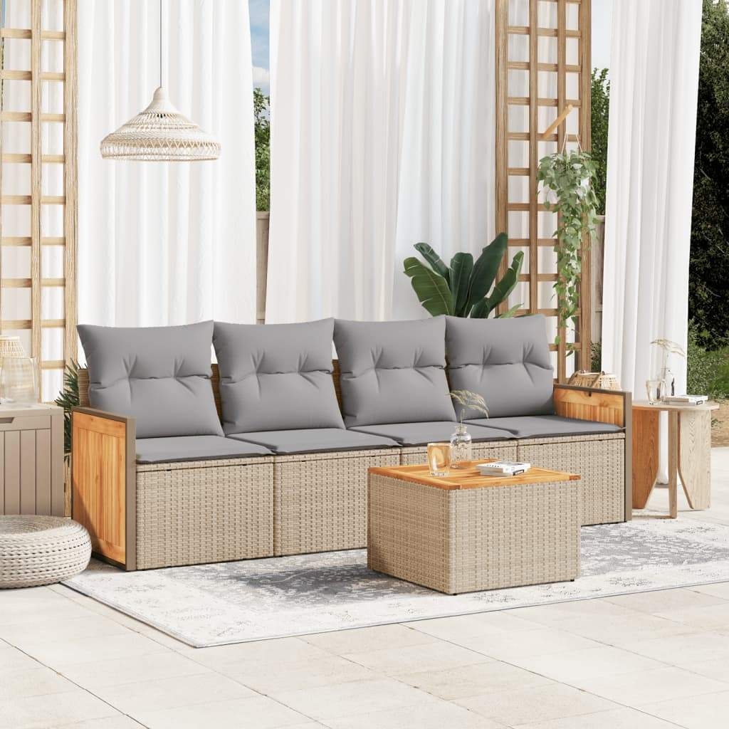 Set Divano da Giardino 5 pz con Cuscini Beige in Polyrattan - homemem39