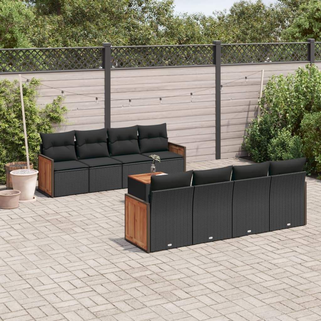 Set Divani da Giardino 9 pz con Cuscini Nero in Polyrattan - homemem39