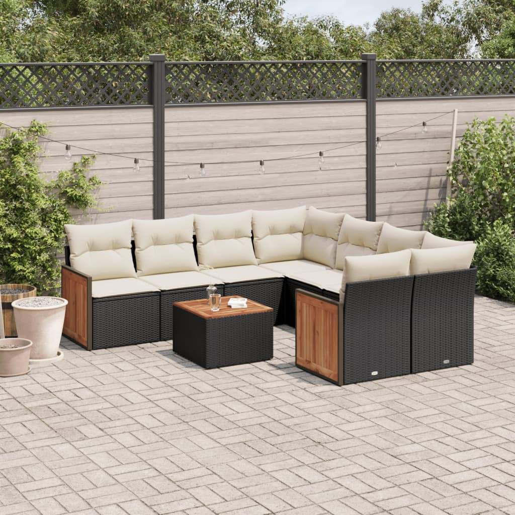 Set Divani da Giardino 9 pz con Cuscini Nero in Polyrattan - homemem39