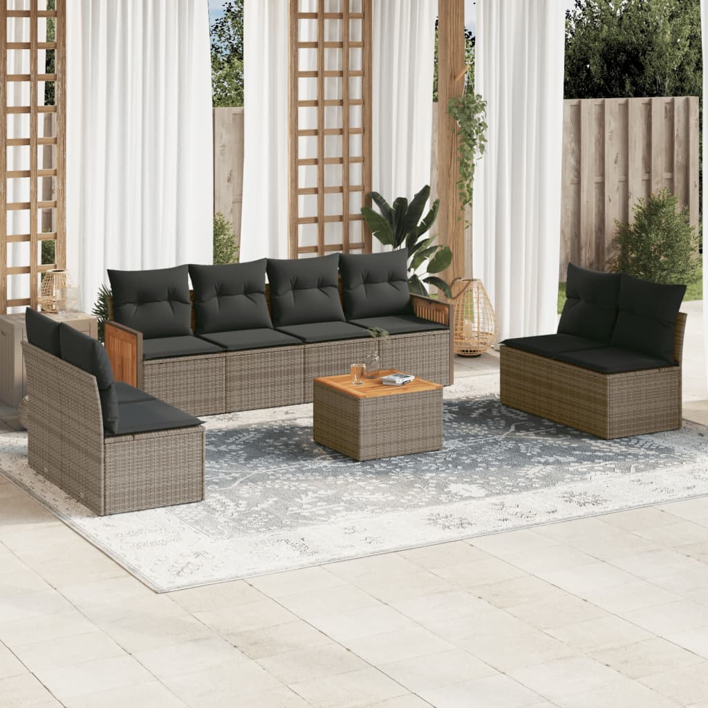 Set Divano da Giardino 9 pz con Cuscini Grigio in Polyrattan