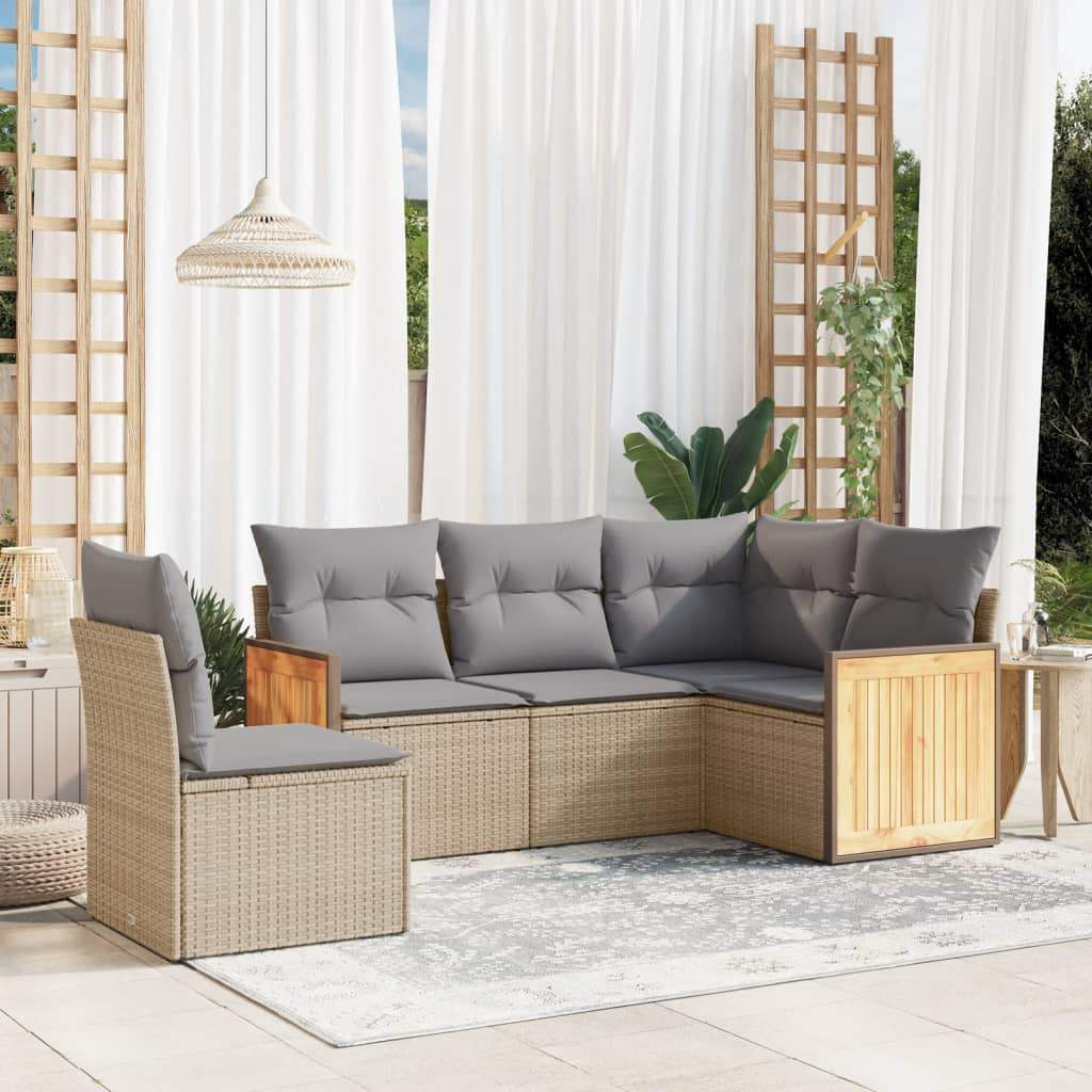 Set Divano da Giardino 5 pz con Cuscini Beige in Polyrattan - homemem39