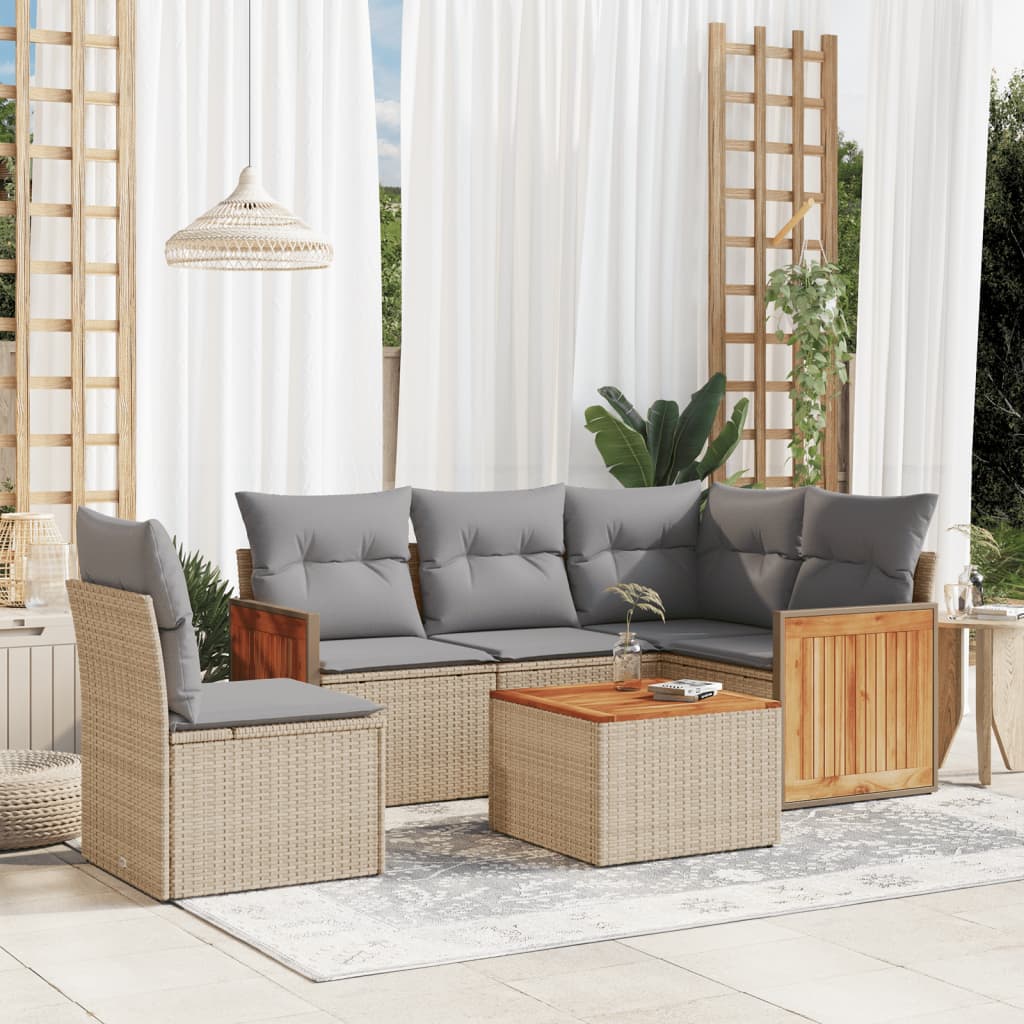 Set Divano da Giardino 6 pz con Cuscini Beige in Polyrattan