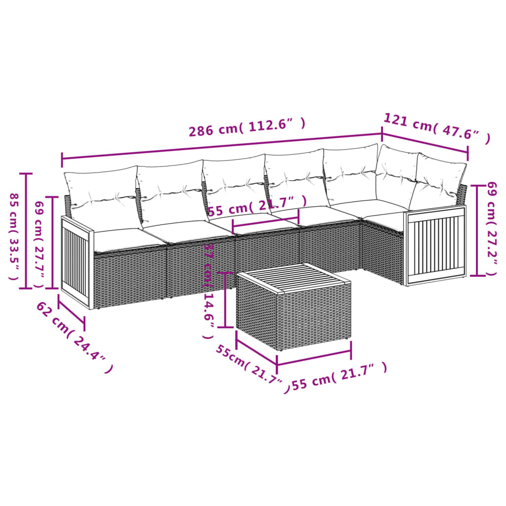 Set Divani da Giardino con Cuscini 7pz Nero Polyrattan