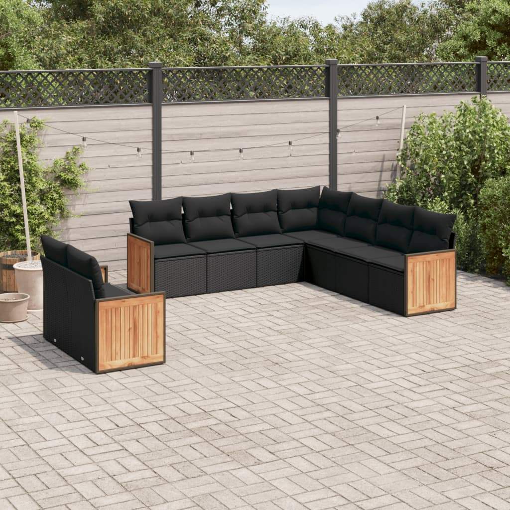 Set Divani da Giardino 9 pz con Cuscini Nero in Polyrattan - homemem39