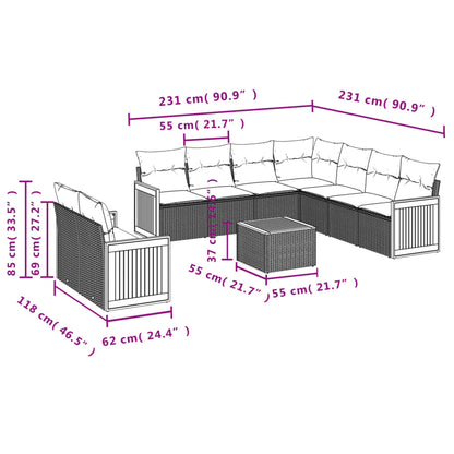 Set Divani da Giardino 10pz con Cuscini in Polyrattan Nero