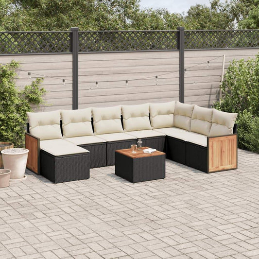 Set Divani da Giardino 9 pz con Cuscini Nero in Polyrattan - homemem39