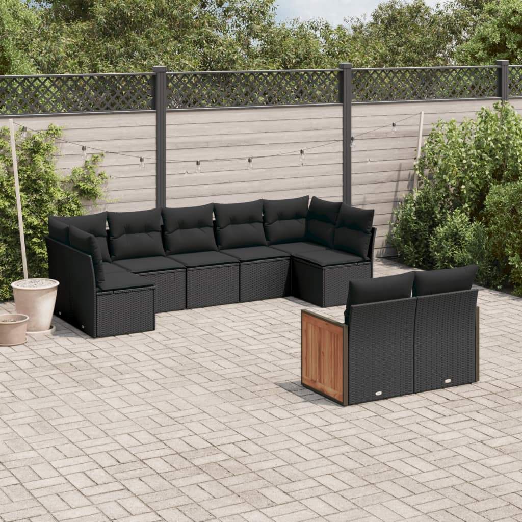 Set Divani da Giardino 9 pz con Cuscini Nero in Polyrattan - homemem39
