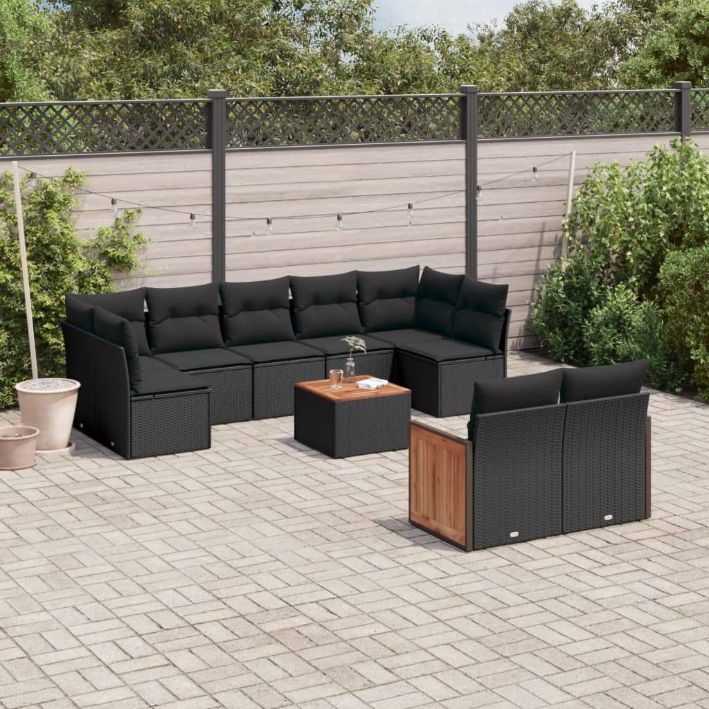 Set Divani da Giardino 10pz con Cuscini in Polyrattan Nero - homemem39
