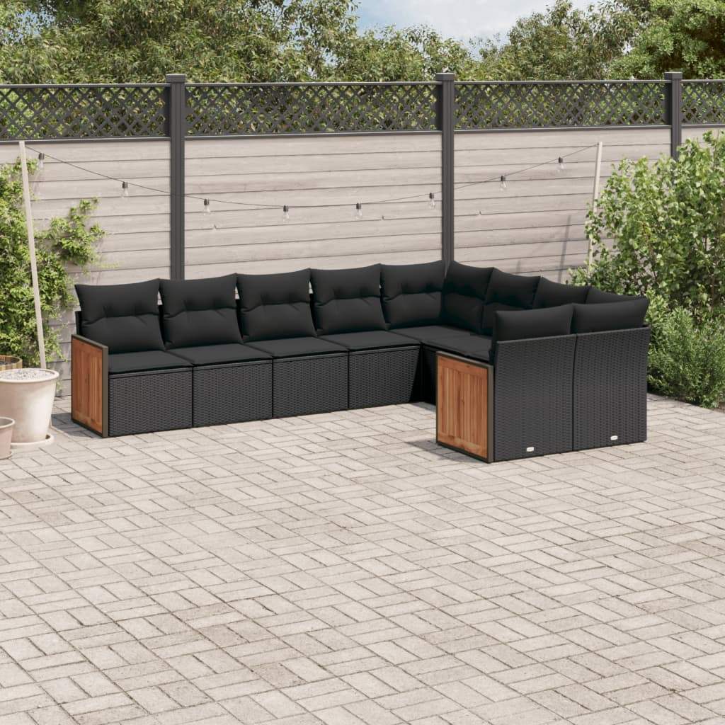Set Divani da Giardino 9 pz con Cuscini Nero in Polyrattan - homemem39
