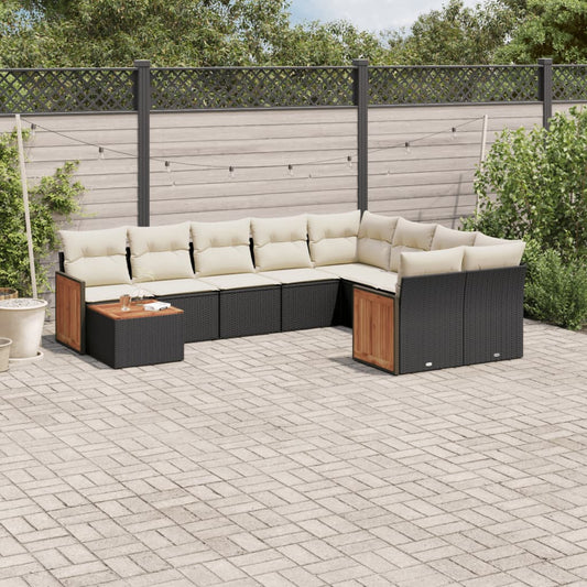 Set Divani da Giardino 10pz con Cuscini in Polyrattan Nero