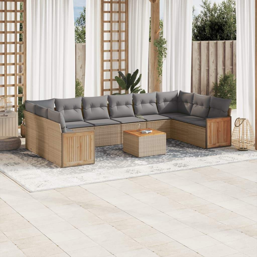 Set Divani da Giardino 11 pz con Cuscini Beige in Polyrattan - homemem39