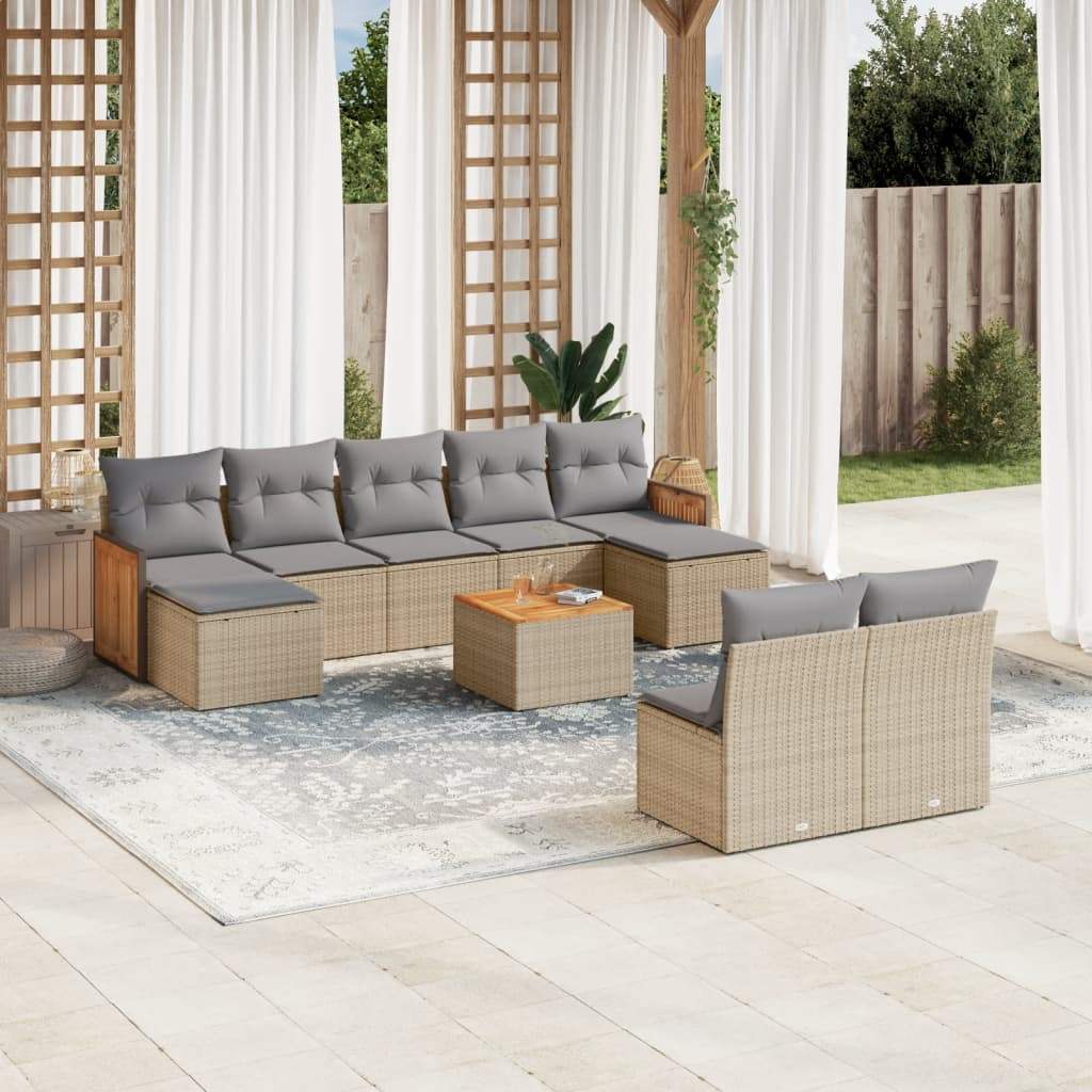 Set Divano da Giardino 10 pz con Cuscini Beige in Polyrattan - homemem39