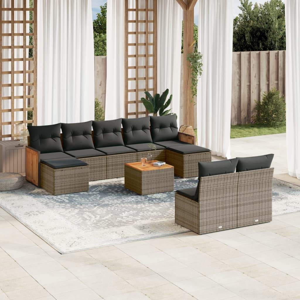 Set Divano da Giardino 10 pz con Cuscini Grigio in Polyrattan - homemem39
