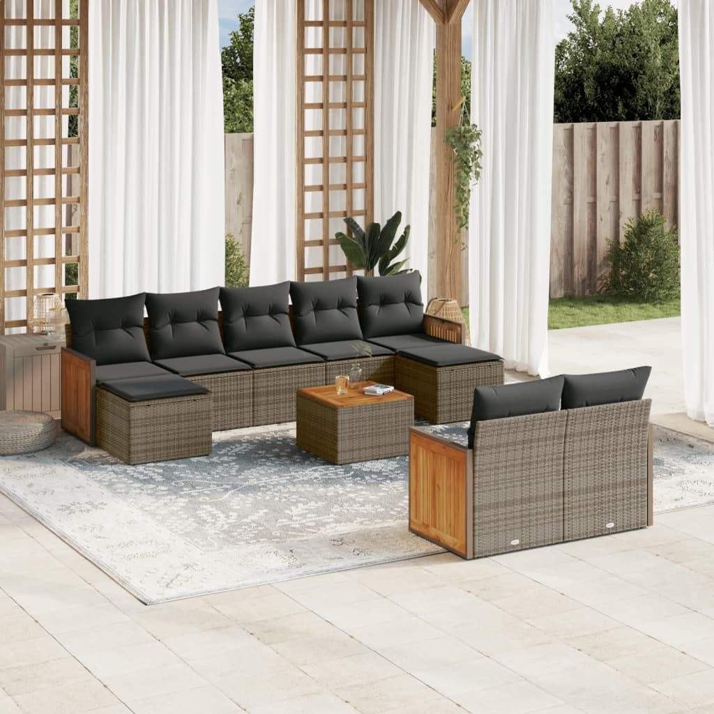 Set Divano da Giardino 10 pz con Cuscini Grigio in Polyrattan - homemem39