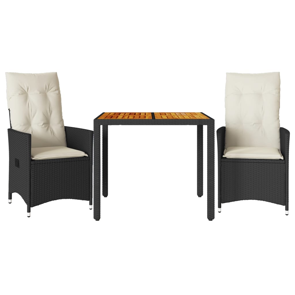 Set da Bistrò 3 pz con Cuscini Nero Polyrattan e Legno Acacia | homemem39