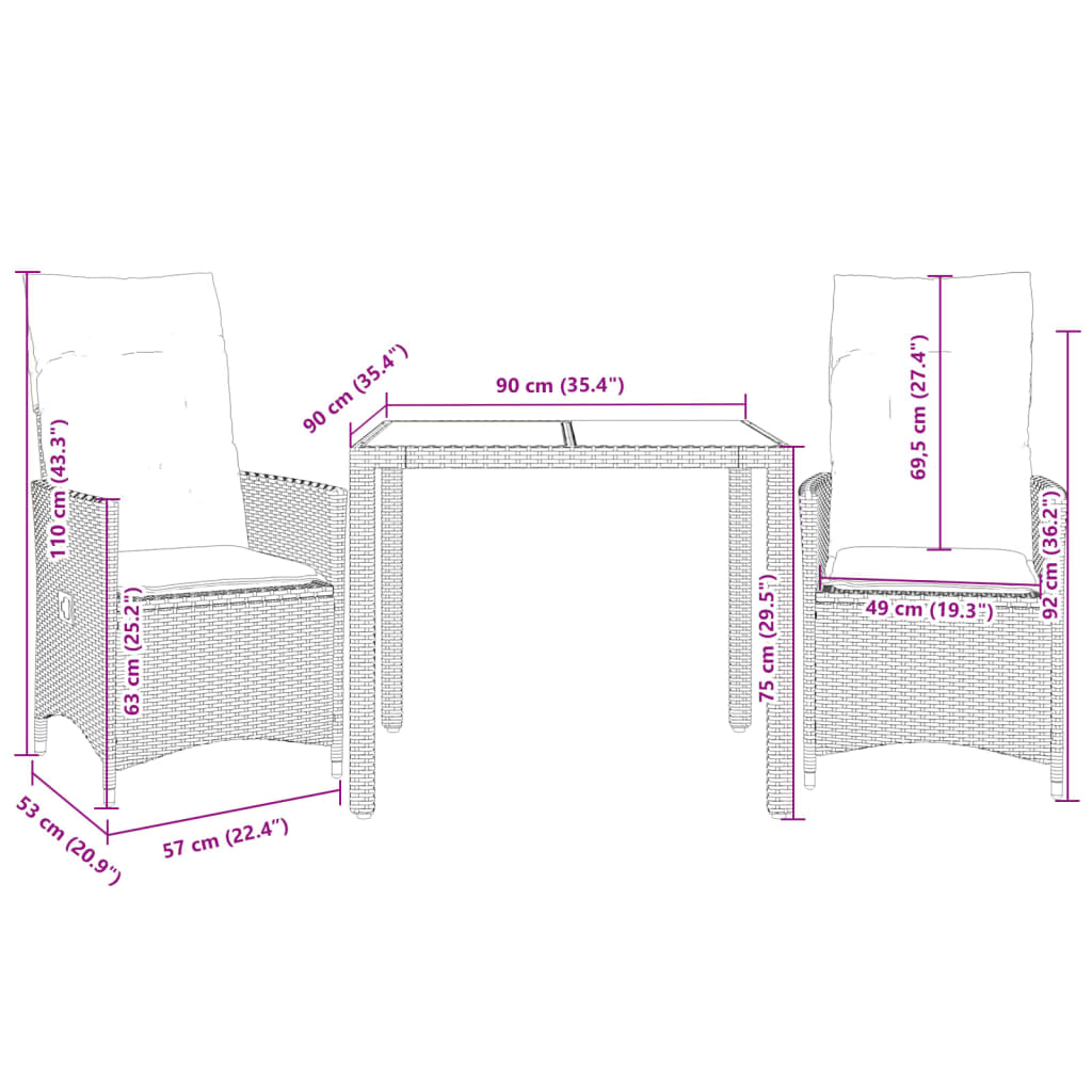 Set da Bistrò 3 pz con Cuscini Nero Polyrattan e Legno Acacia | homemem39