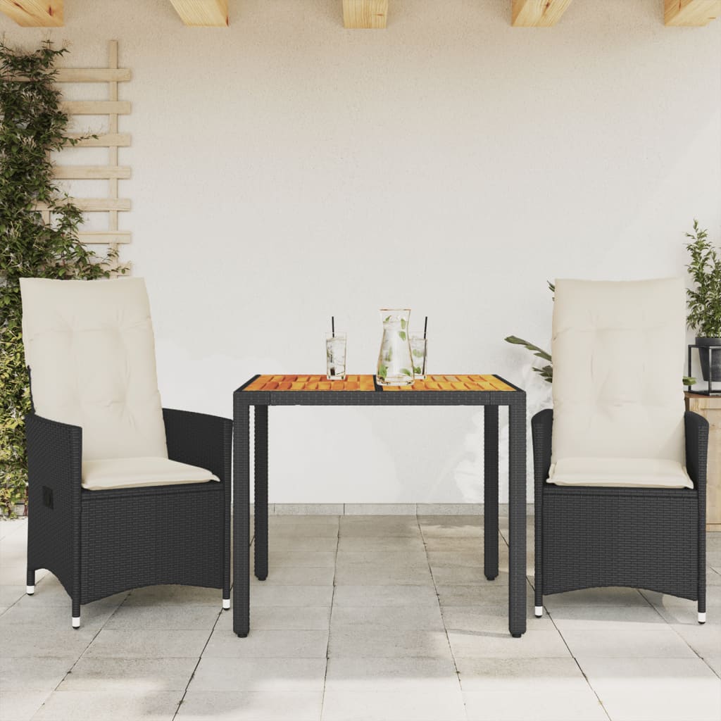 Set da Bistrò 3 pz con Cuscini Nero Polyrattan e Legno Acacia | homemem39