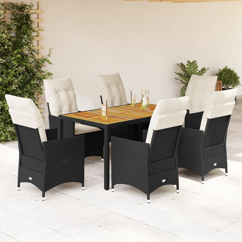 Set da Pranzo da Giardino 7 pz Nero con Cuscini in Polyrattan - homemem39