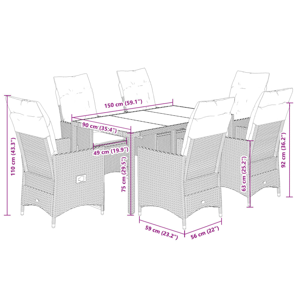Set da Pranzo da Giardino 7 pz Nero con Cuscini in Polyrattan | homemem39