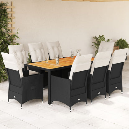 Set da Pranzo da Giardino 9 pz con Cuscini Nero in Polyrattan