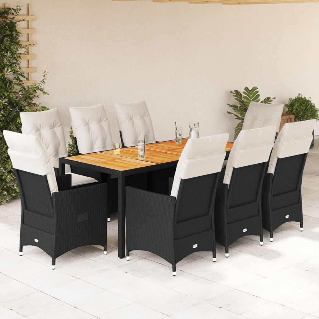 Set da Pranzo da Giardino 9 pz con Cuscini Nero in Polyrattan - homemem39