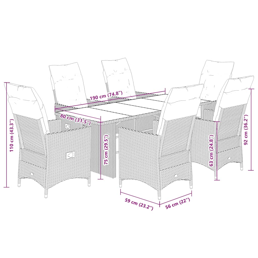 Set da Pranzo da Giardino 7 pz Nero con Cuscini in Polyrattan | homemem39