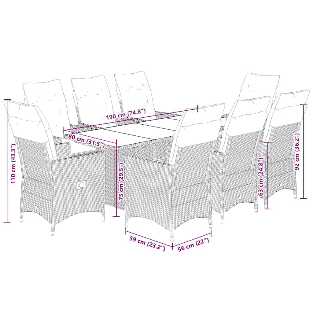 Set da Pranzo da Giardino 9 pz con Cuscini Nero in Polyrattan | homemem39