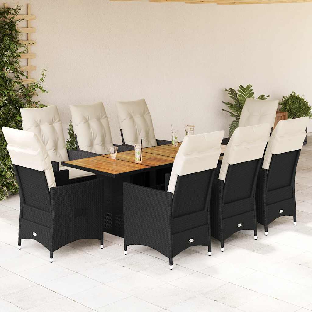 Set da Pranzo da Giardino 9 pz con Cuscini Nero in Polyrattan | homemem39