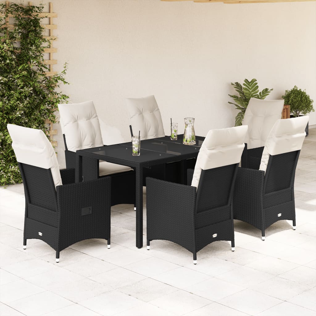 Set da Pranzo da Giardino 7 pz Nero con Cuscini in Polyrattan - homemem39