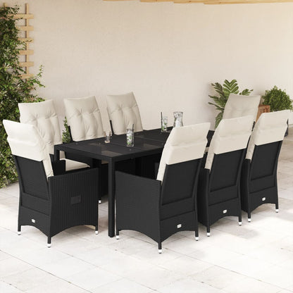 9-piece Garden Dining Set with Black Polyrattan Cushions