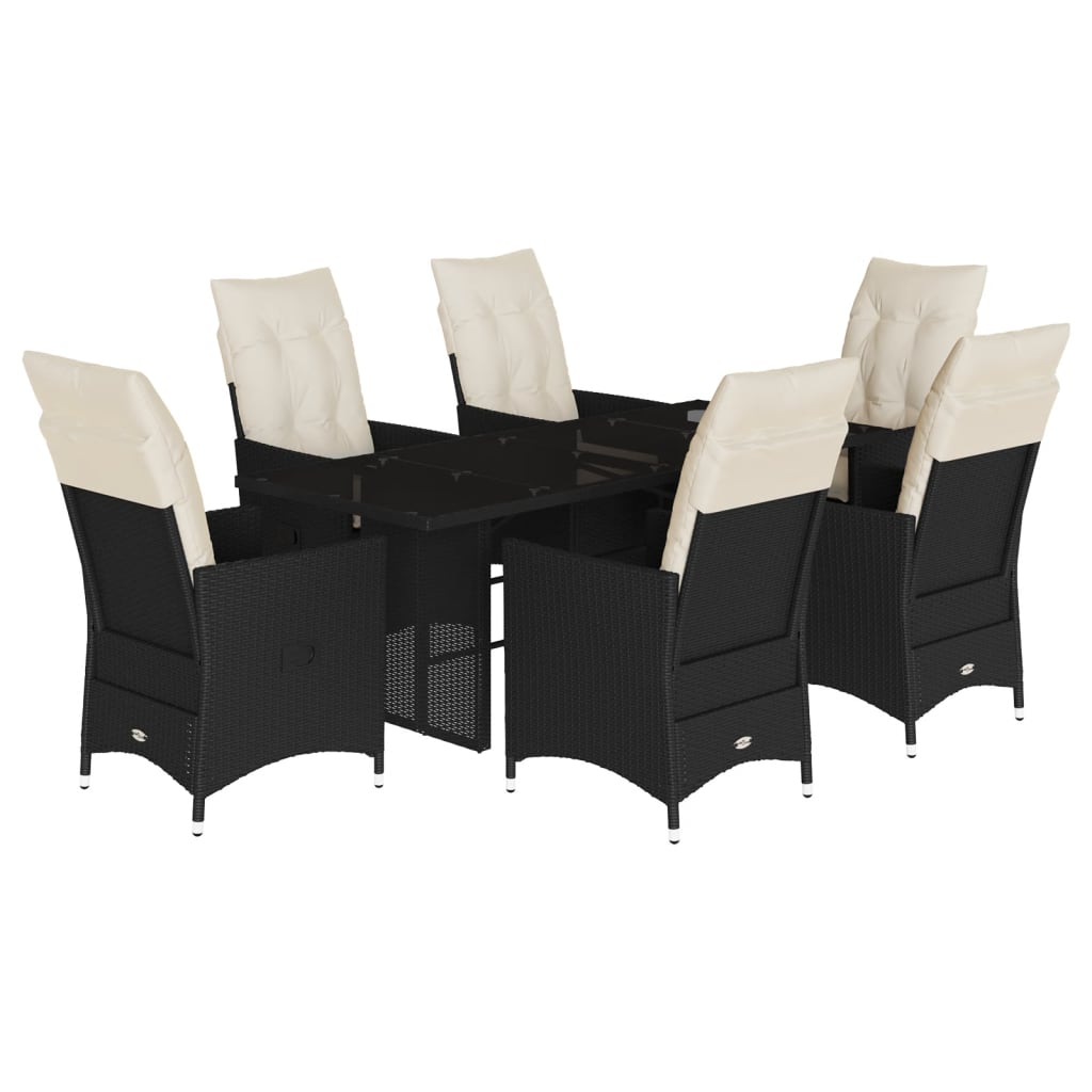 Set da Pranzo da Giardino 7 pz Nero con Cuscini in Polyrattan