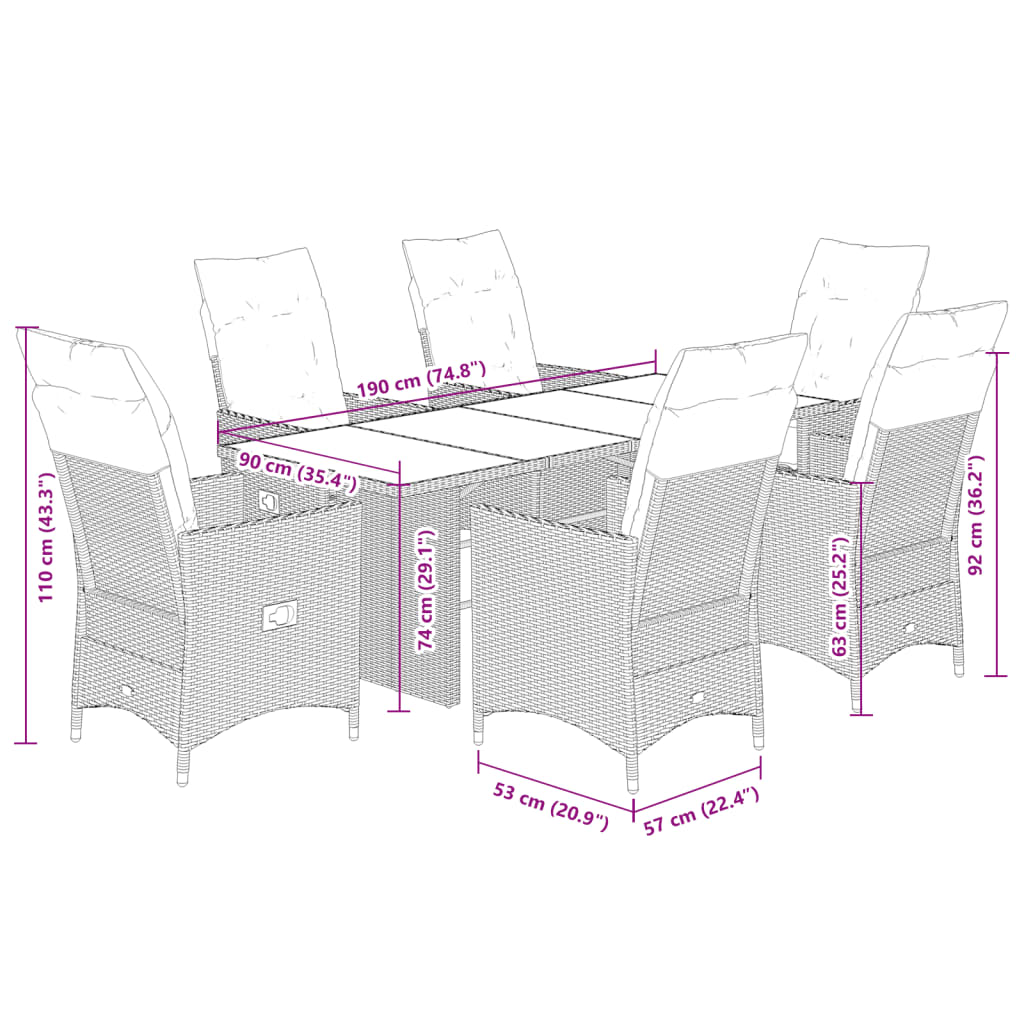 Set da Pranzo da Giardino 7 pz Nero con Cuscini in Polyrattan