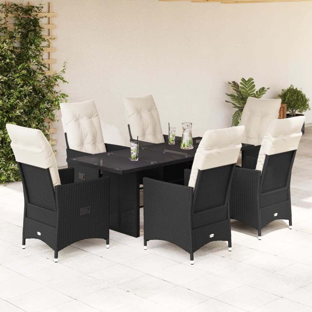 Set da Pranzo da Giardino 7 pz Nero con Cuscini in Polyrattan