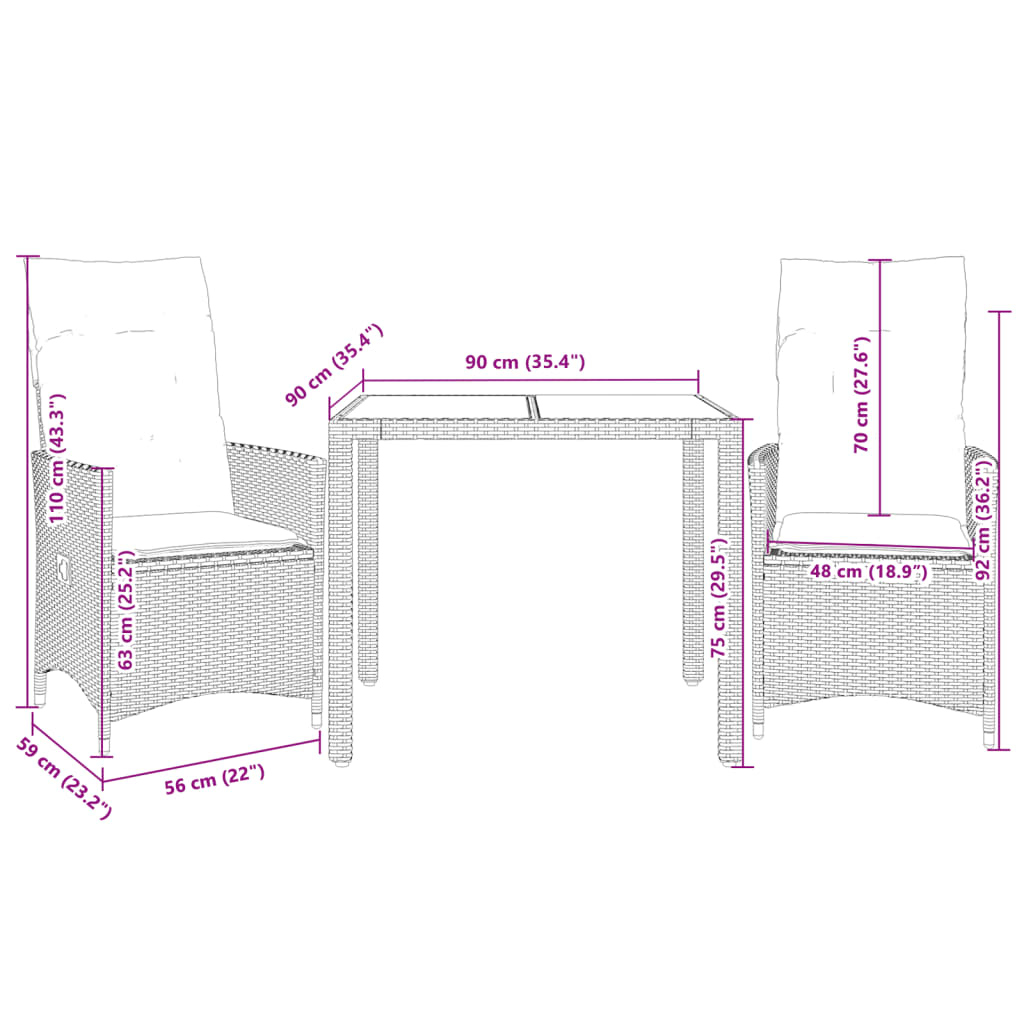 Set da Bistrò 3 pz con Cuscini Grigio in Polyrattan | homemem39