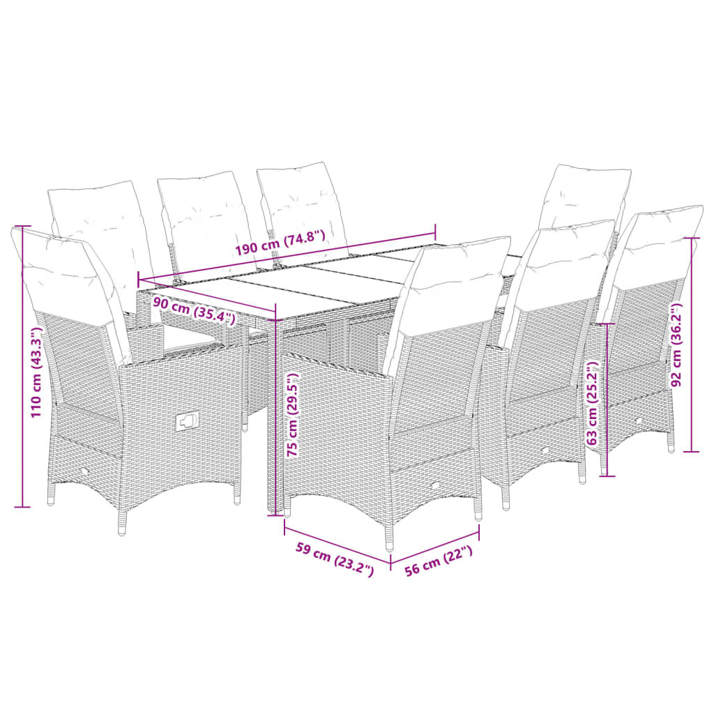 Set da Pranzo da Giardino 9 pz con Cuscini in Polyrattan Grigio | homemem39