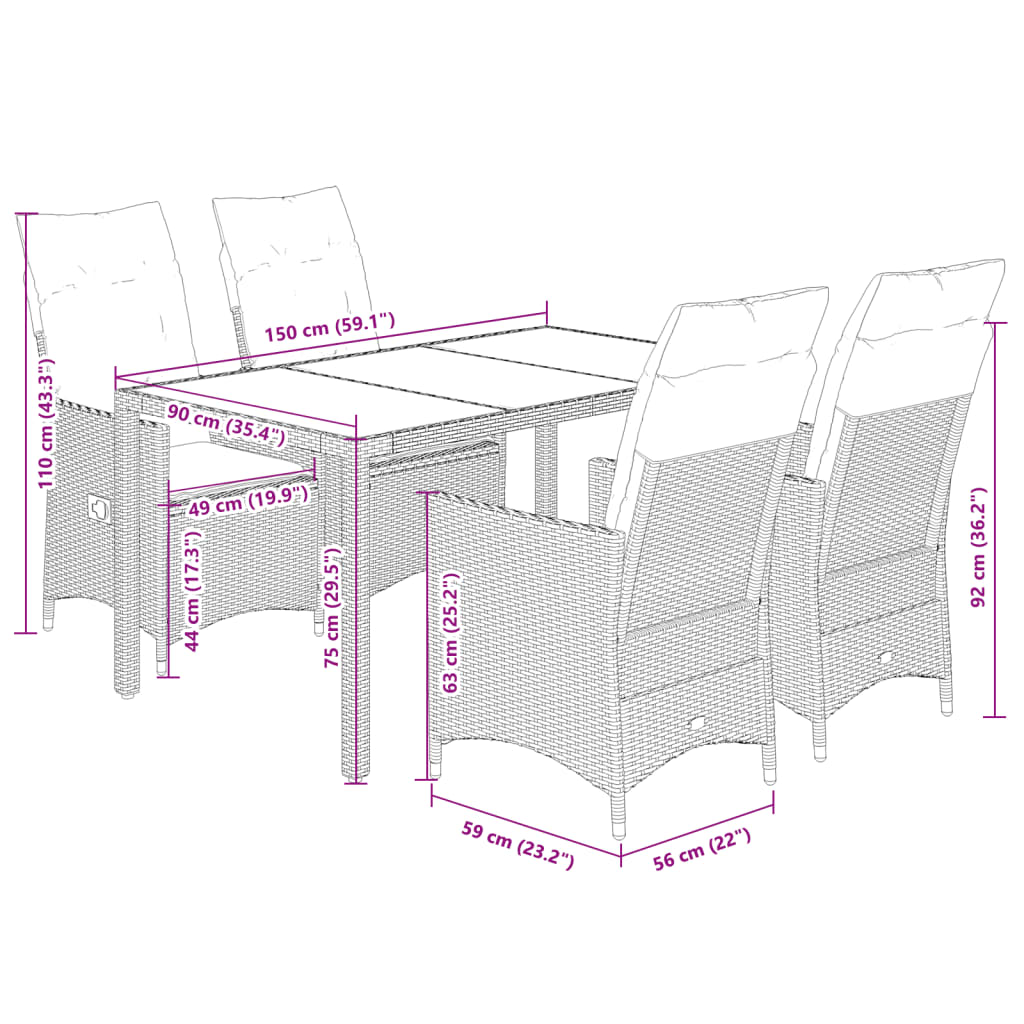 Set da Pranzo da Giardino 5 pz con Cuscini in Polyrattan Grigio | homemem39