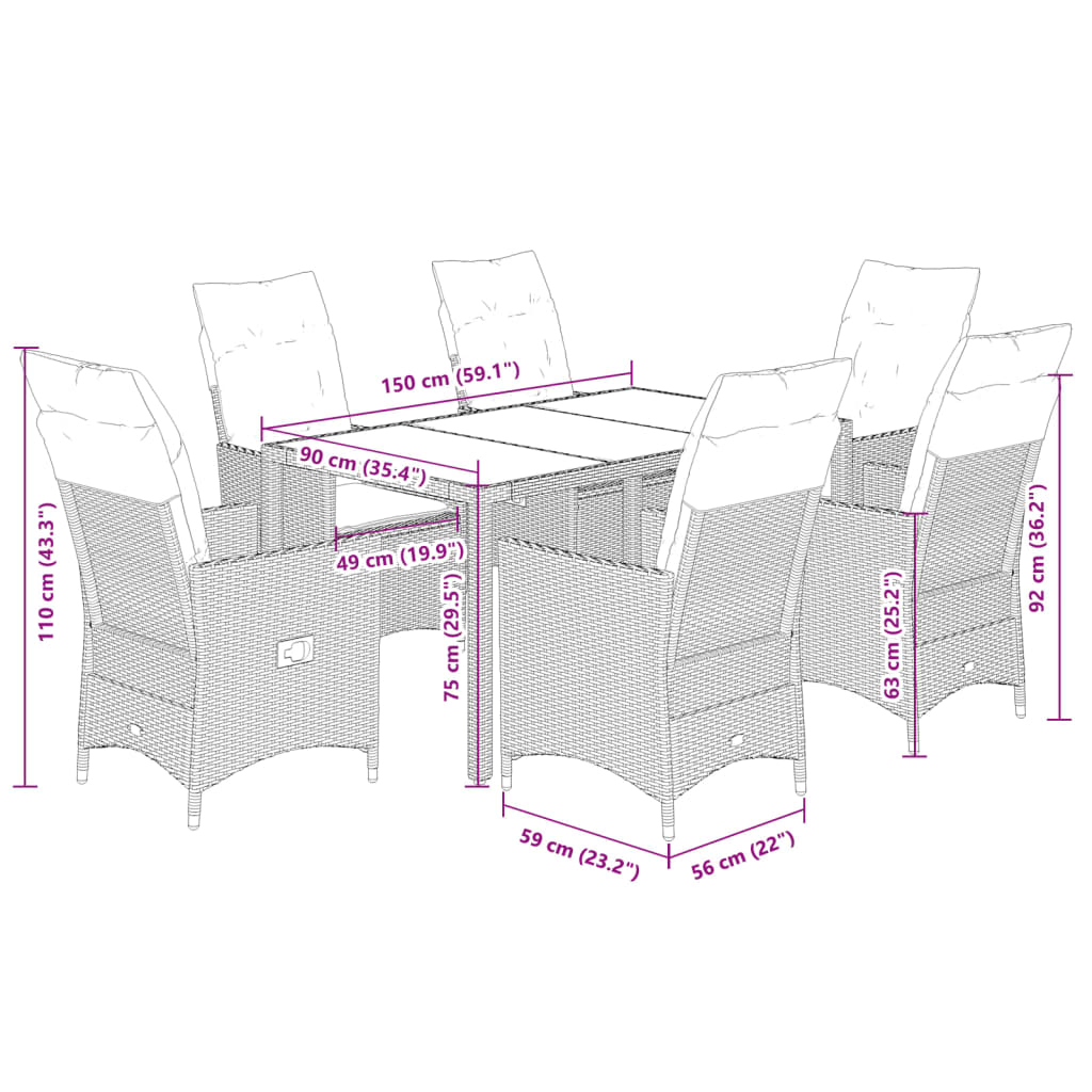 Set da Pranzo da Giardino 7 pz con Cuscini in Polyrattan Grigio | homemem39